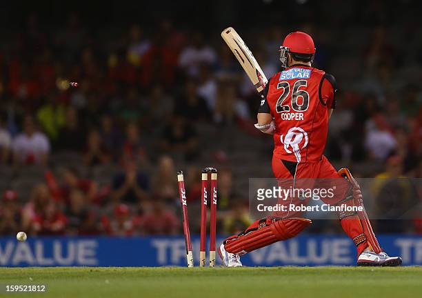 Tom Cooper of the Renegades is bowled by Ben Cutting of the Heat during the Big Bash League Semi-Final match between the Melbourne Renegades and the...