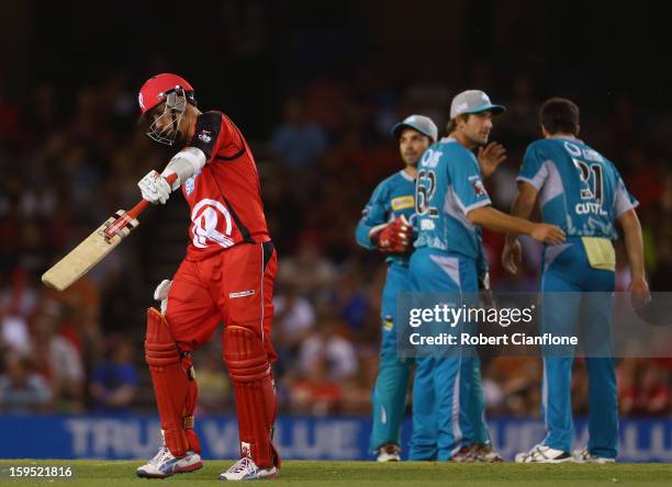 Tom Cooper of the Renegades walks from the ground after he was dismissed during the Big Bash League Semi-Final match between the Melbourne Renegades...