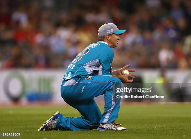 Nathan Hauritz of the Heat takes a catch to dismiss William Sheridan of the Renegades during the Big Bash League Semi-Final match between the...