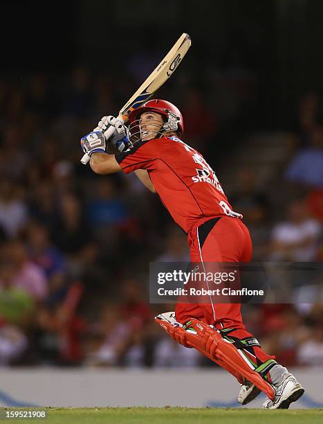 William Sheridan of the Renegades hits out during the Big Bash League Semi-Final match between the Melbourne Renegades and the Brisbane Heat at...