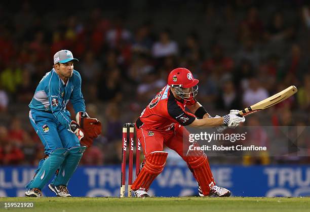 Ben Rohrer of the Renegades bats during the Big Bash League Semi-Final match between the Melbourne Renegades and the Brisbane Heat at Etihad Stadium...