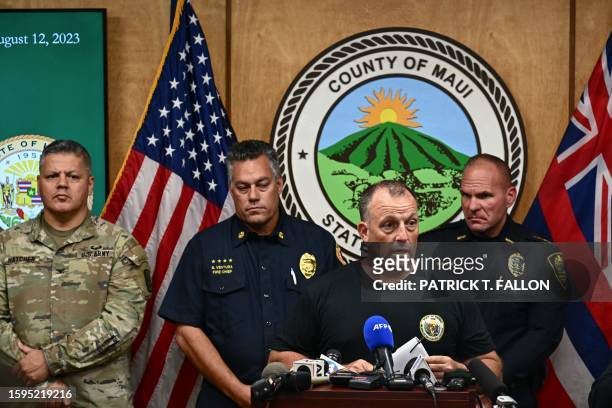 Governor of Hawaii Josh Green speaks during a press conference about the destruction of historic Lahaina and the aftermath of wildfires in western...