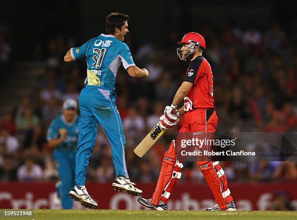 Ben Cutting of the Heat celebrates the wicket of Nathan Rimmington of the Renegades during the Big Bash League Semi-Final match between the Melbourne...