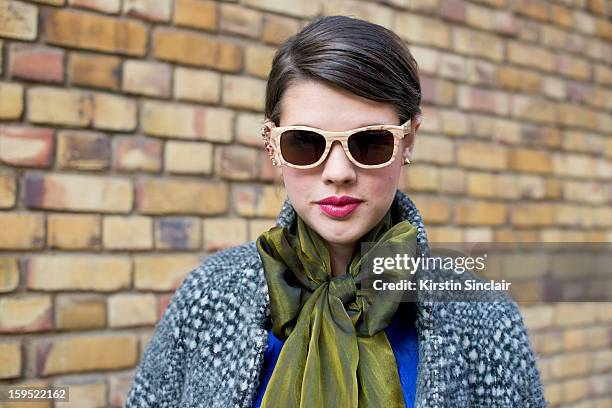 Jo Lees social media manager for Finlay and Co wearing an H and M jacket, vintage scarf and top, Finay and Co glasses and an Asos Ear cuff on day 3...