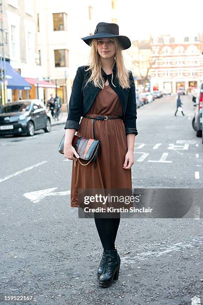 Vicky Lawton creative director at Hunger Magazine wearing Jeffrey Campbell boots and everything else vintage on day 3 of London Mens Fashion Week...
