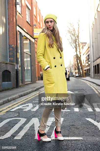Jessica Hannan marketing editor at Net a Porter wearing an H and M sweater, Top shop shoes, Cecilia Hammarborg jacket, Cheap Monday jeans, Bimba and...