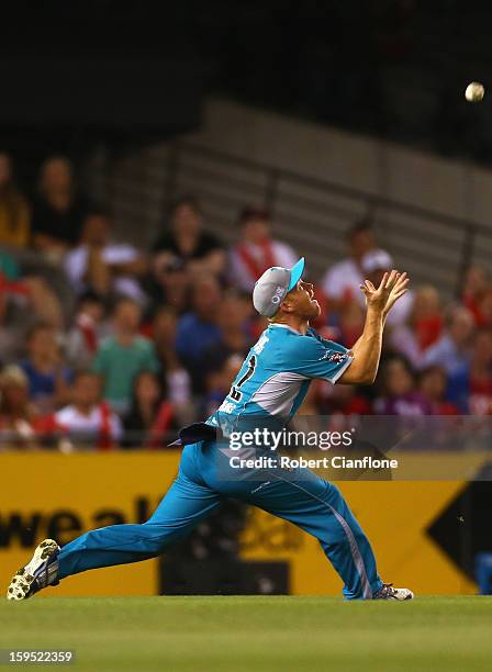 Chris Sabburg of the Heats takes a catch to dismiss Darren Pattinson of the Renegades during the Big Bash League Semi-Final match between the...