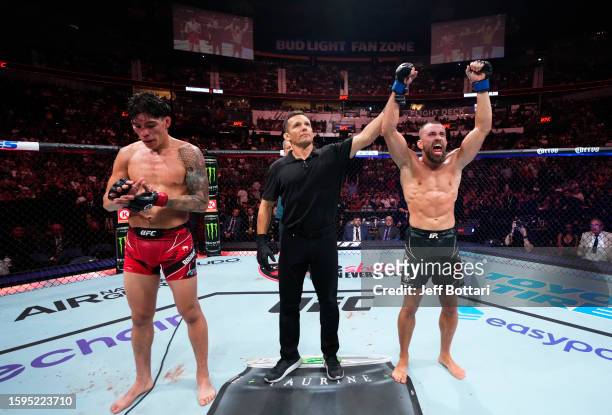 Ludovit Klein of Slovakia reacts after his victory over Ignacio Bahamondes of Chile in a lightweight fight during the UFC Fight Night event at...