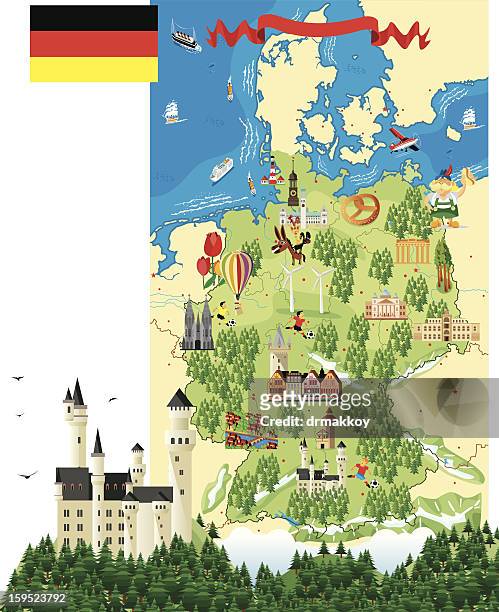 bildbanksillustrationer, clip art samt tecknat material och ikoner med cartoon map of germany with a castle and trees - heidelberg tyskland