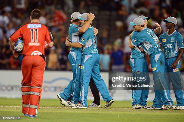 Brisbane heat players celebrate winning the Big Bash League Semi-Final match between the Melbourne Renegades and the Brisbane Heat at Etihad Stadium...