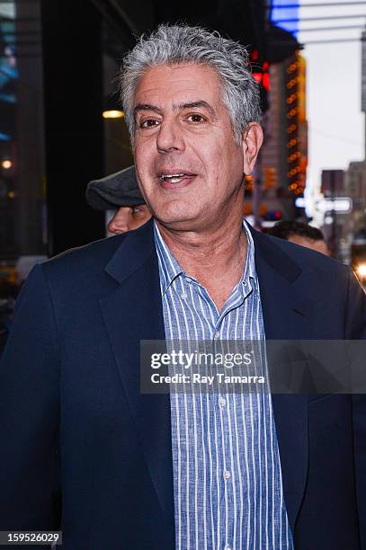 Personality Anthony Bourdain leaves the "Good Morning America" taping at the ABC Times Squrare Studios on January 14, 2013 in New York City.