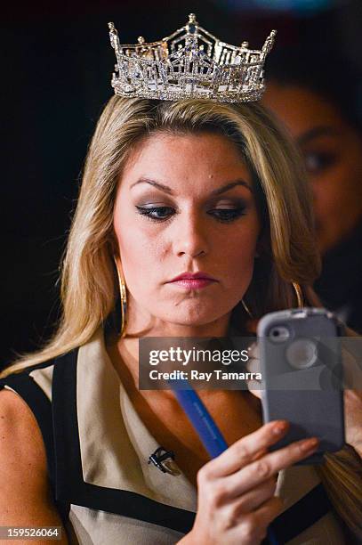 Miss America 2013 Mallory Hagan preps for her interview at "Good Morning America" at the ABC Times Squrare Studios on January 14, 2013 in New York...