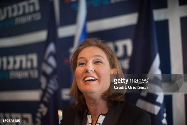 Israel's former foreign minister Tzipi Livni, now head of the new political party 'The Movement' gives a press conference at her pary's headquarters...