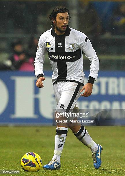 Cristian Zaccardo of Parma FC in action during the Serie A match between Parma FC and Juventus FC at Stadio Ennio Tardini on January 13, 2013 in...