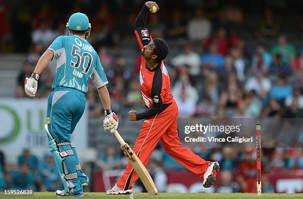 Muttiah Muralitharan of the Renegades bowling during the Big Bash League Semi-Final match between the Melbourne Renegades and the Brisbane Heat at...