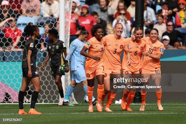 Jill Roord of Netherlands celebrates with teammates after scoring her team's first goal during the FIFA Women's World Cup Australia & New Zealand...