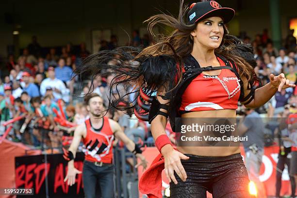 Melbourne Renegades dancers run out onto the field during the Big Bash League Semi-Final match between the Melbourne Renegades and the Brisbane Heat...