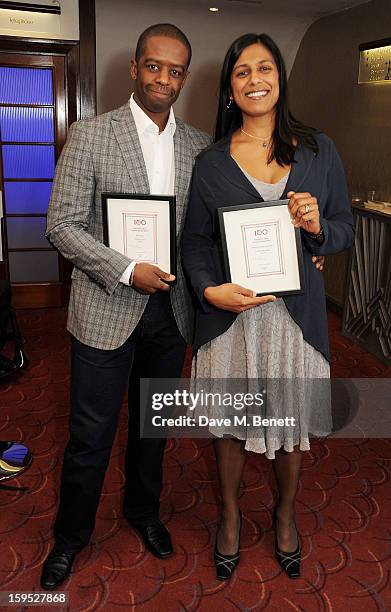 Adrian Lester , winner of Best Actor, and wife Lolita Chakrabarti, winner of Most Promising Playwright, attends the 2013 Critics' Circle Theatre...