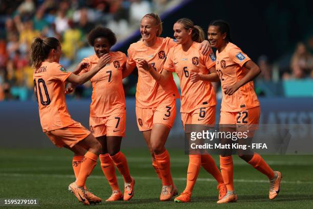 Jill Roord of Netherlands celebrates with teammates after scoring her team's first goal during the FIFA Women's World Cup Australia & New Zealand...