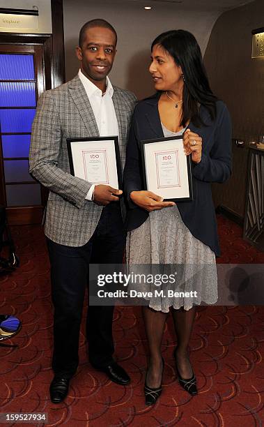 Adrian Lester , winner of Best Actor, and wife Lolita Chakrabarti, winner of Most Promising Playwright, attends the 2013 Critics' Circle Theatre...