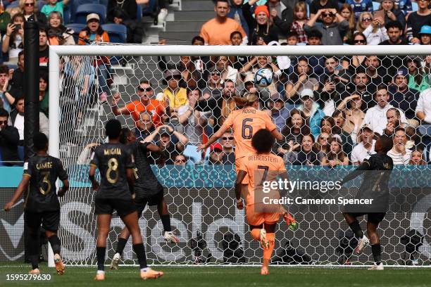 Jill Roord of Netherlands heads to score her team's first goal during the FIFA Women's World Cup Australia & New Zealand 2023 Round of 16 match...