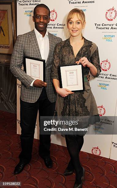 Best Actor Adrian Lester and Best Actress Hattie Morahan attend the 2013 Critics' Circle Theatre Awards at the Prince Of Wales Theatre on January 15,...