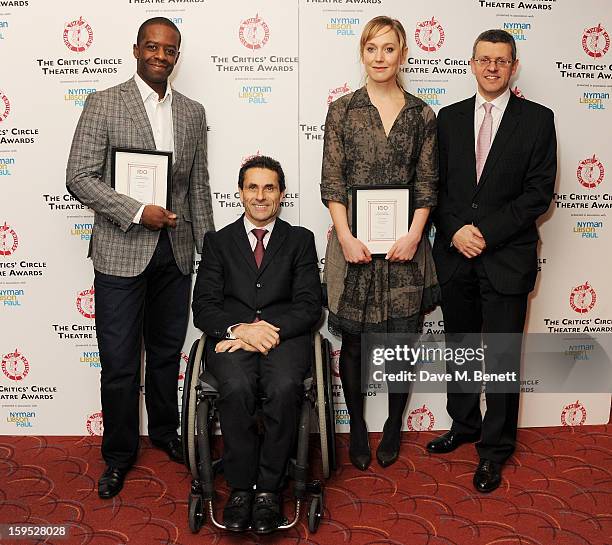 Best Actor Adrian Lester, Paul Taiano, Best Actress Hattie Morahan and Anthony Pins attend the 2013 Critics' Circle Theatre Awards at the Prince Of...