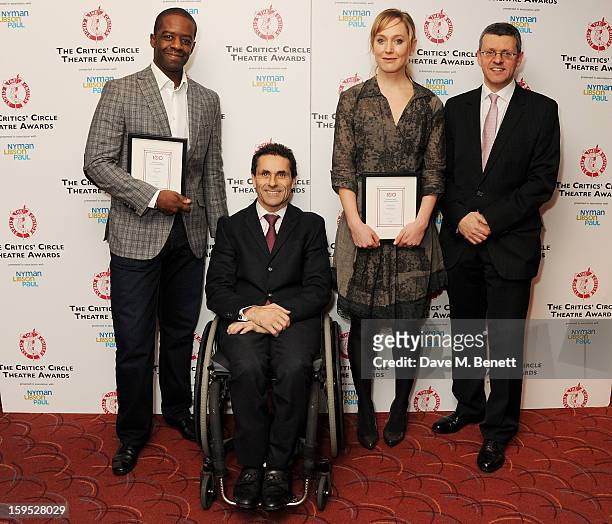Best Actor Adrian Lester, Paul Taiano, Best Actress Hattie Morahan and Anthony Pins attend the 2013 Critics' Circle Theatre Awards at the Prince Of...