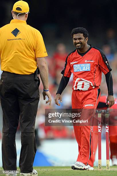 Muttiah Muralitharan of the Renegades reacts after his appeal was given not out by the umpire during the Big Bash League Semi-Final match between the...