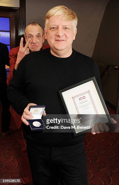 Host Arthur Smith and Simon Russell Beale, winner of the John and Wendy Trewin Award for best Shakespearean Performance, attend the 2013 Critics'...