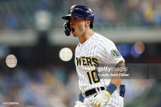 Sal Frelick of the Milwaukee Brewers reacts after hitting a single to tie the game in the ninth inning against the Pittsburgh Pirates at American...