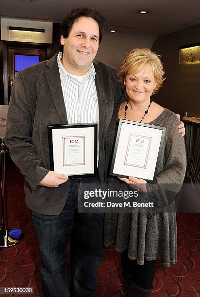 David Babani and Maria Friedman, accepting the Peter Hepple Award for Best Musical on behalf of 'Merrily We Roll Along', attends the 2013 Critics'...