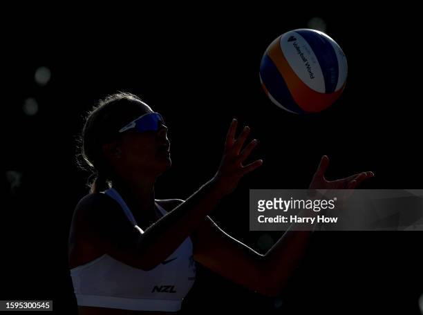 Kiana Stevenson of Team New Zealand serves during Women's Beach Volleyball against Team Scotland on day one of the 2023 Youth Commonwealth Games at...