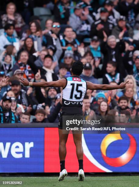 Junior Rioli of the Power celebrates a goal during the 2023 AFL Round 22 match between the Port Adelaide Power and the GWS GIANTS at Adelaide Oval on...