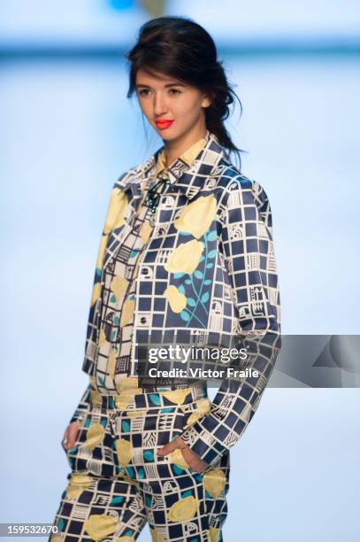 Model showcases designs on the runway by Holly Fulton during the Extravaganza show on day 1 of Hong Kong Fashion Week Autumn/Winter 2013 at the...