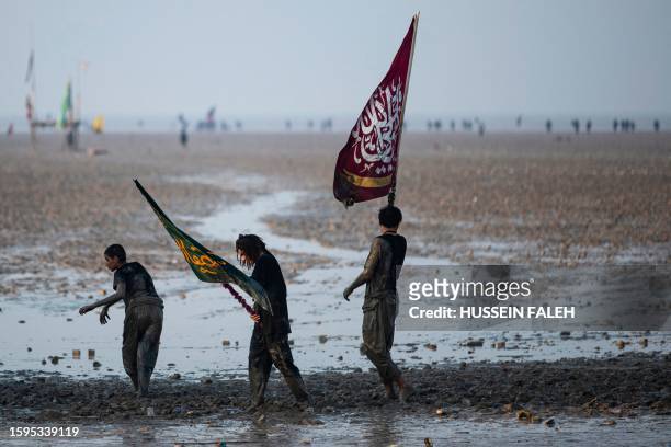 Shiite Muslims carry flags as they walk along a muddy shore on the Gulf, at the start of their march from Iraq's southern city of al-Faw toward...