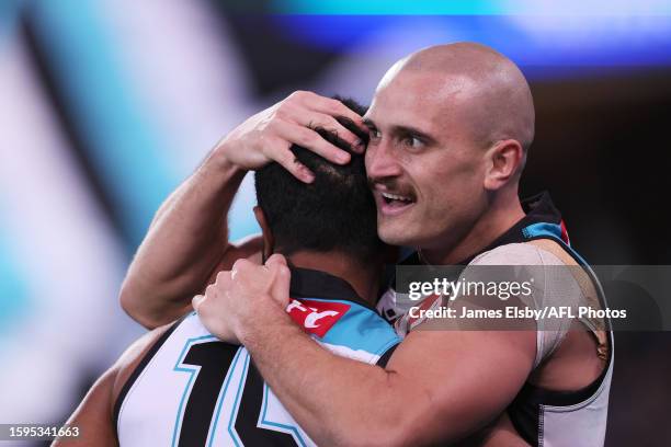 Willie Rioli and Sam Powell-Pepper of the Power celebrates a goal during the 2023 AFL Round 22 match between the Port Adelaide Power and the GWS...