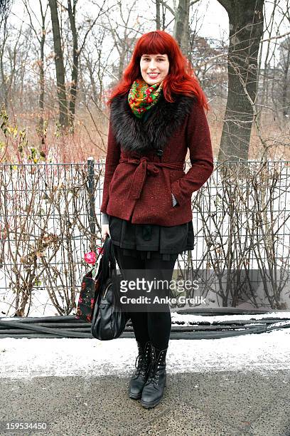 Eva Liliana Vlachova wearing Lena Hoschek scarf attends Mercedes-Benz Fashion Week Autumn/Winter 2013/14 at venue on January 15, 2013 in Berlin,...