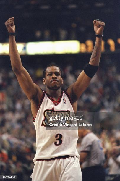 Allen Iverson of the Philadelphia 76ers celebrates on the court during the game against the Orlando Magic at the First Union Center on May 15, 1999...