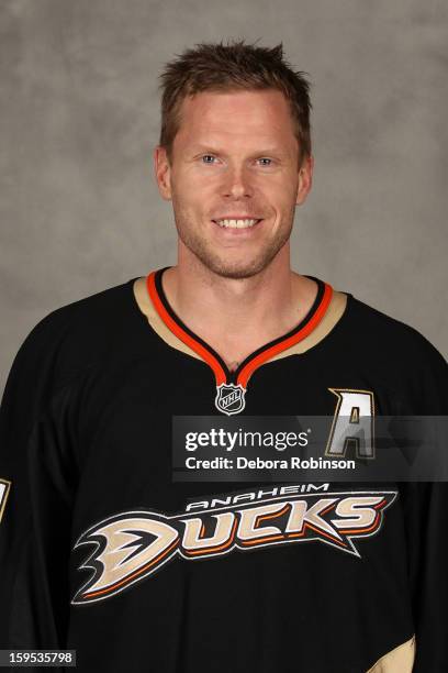 Saku Koivu of the Anaheim Ducks poses for his official headshot for the 2012-2013 season on January 13, 2013 at Honda Center in El Segundo,...