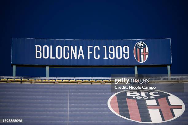 Logo of Bologna FC and a billboard reading 'Bologna FC 1909' are seen prior to the Coppa Italia Frecciarossa football match between Bologna FC and...