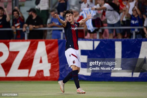 Tommaso Corazza of Bologna FC celebrates after scoring the opening goal during the Coppa Italia Frecciarossa football match between Bologna FC and...