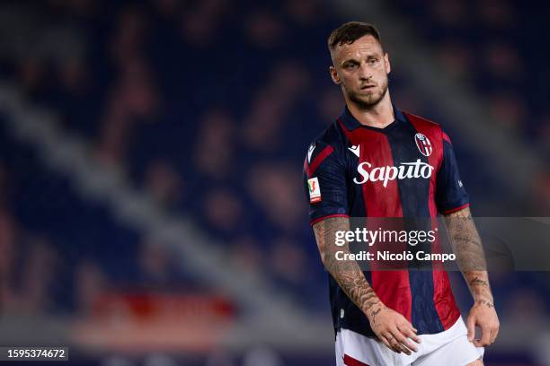 Marko Arnautovic of Bologna FC looks dejected during the Coppa Italia Frecciarossa football match between Bologna FC and Cesena FC. Bologna FC won...