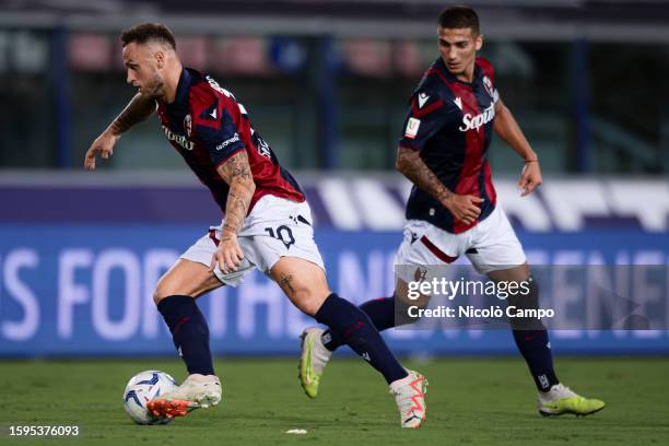 Marko Arnautovic and Nicolas Dominguez of Bologna FC are seen during the Coppa Italia Frecciarossa football match between Bologna FC and Cesena FC....