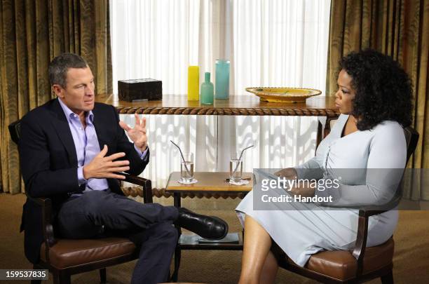 In this handout photo provided by the Oprah Winfrey Network, Oprah Winfrey speaks with Lance Armstrong during an interview regarding the controversy...