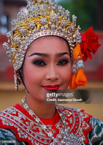 Young beautiful Thai lady in ethnic dress at Bodhgaya on the eve of Buddha Purnima celebration.