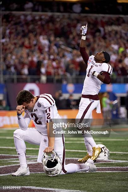 Cotton Bowl Classic: Texas A&M QB Johnny Manziel kneeling on field in prayer before game vs Oklahoma at Cowboys Stadium. Arlington, TX 1/4/2013...