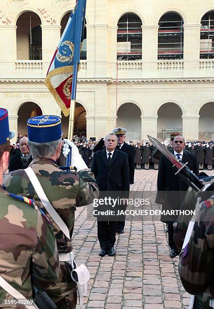 French Prime Minister Jean-Marc Ayrault , Defence Minister Jean-Yves Le Drian , junior minister for veterans affairs Kafer Arif , and French chief of...