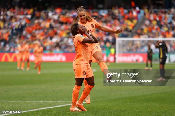 Lineth Beerensteyn of Netherlands celebrates with teammate Lieke Martens after scoring her team's second goal during the FIFA Women's World Cup...