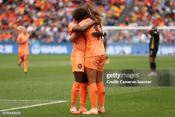 Lineth Beerensteyn of Netherlands celebrates with teammate Lieke Martens after scoring her team's second goal during the FIFA Women's World Cup...